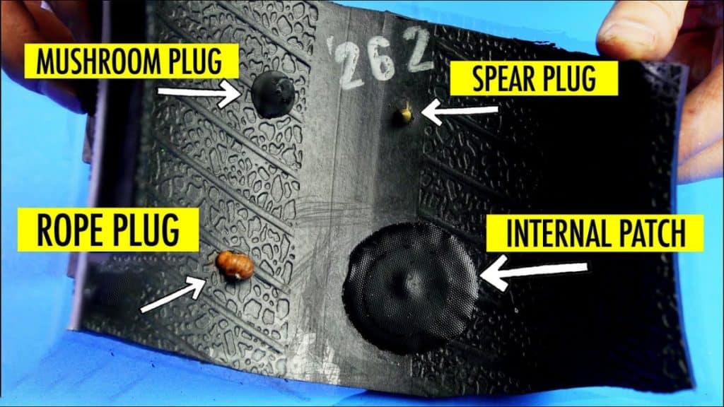 image of tyre with different types of repairs i.e. plug, spear, mushroom and patch