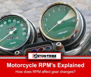 A close-up image of a motorcycle's speedometer and tachometer, showing the speed in kilometers per hour (km/h) and the engine revolutions per minute (RPM). The tachometer indicates a range from 0 to 10 (x1000 RPM). Below the gauges, a dashboard displays various indicator lights such as "turn," "high beam," "oil," and "neutral." The text at the bottom reads: "Motorcycle RPM Explained - How does RPM Affect Gear Change?