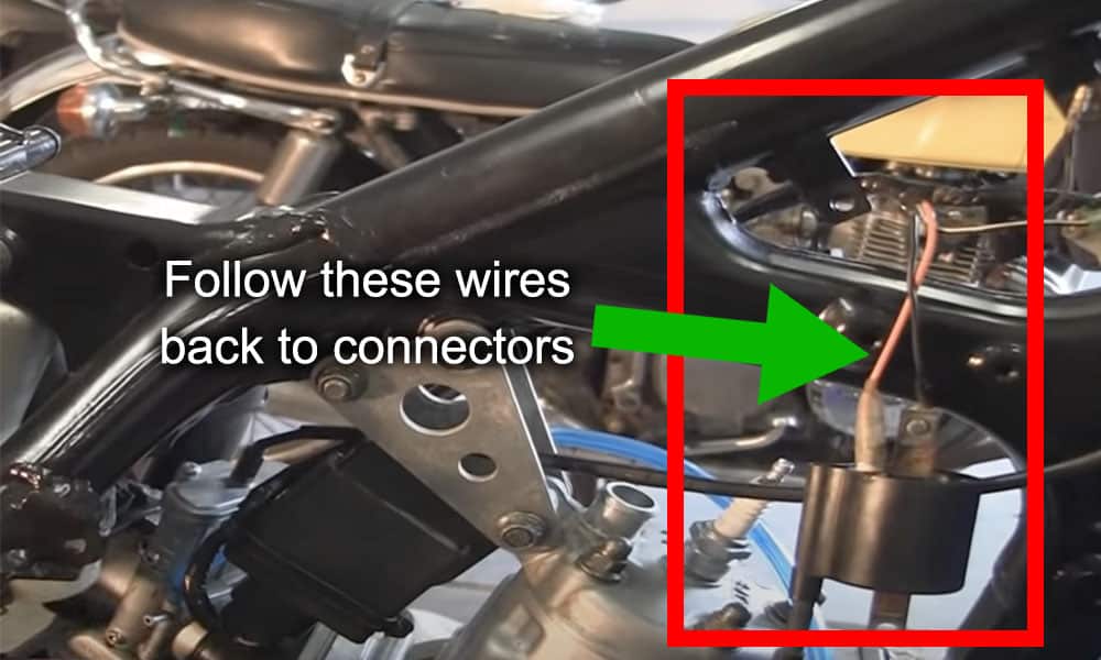 image of ignition coil showing where to follow leads to find connectors and splice 