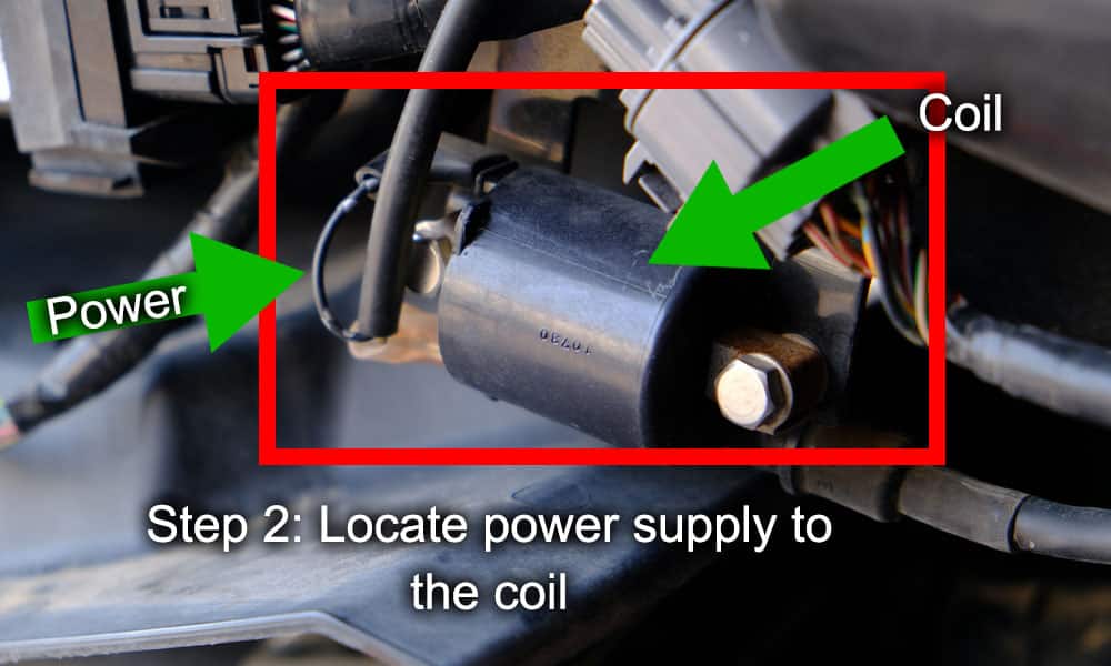 image of coil pack with labels on the power supply cable and coil pack unit 