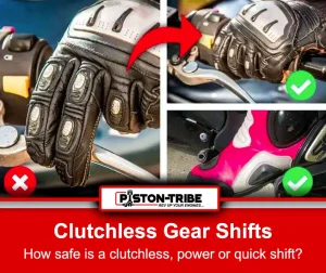 image of a hand wearing motorcycle gloves about to shift gears without using the clutch.