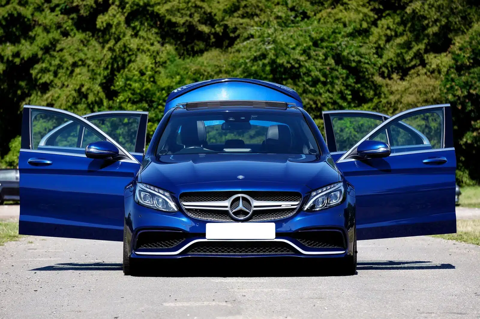 Elegant blue sports car with open doors on a sunlit rural road. Perfect for automotive enthusiasts.