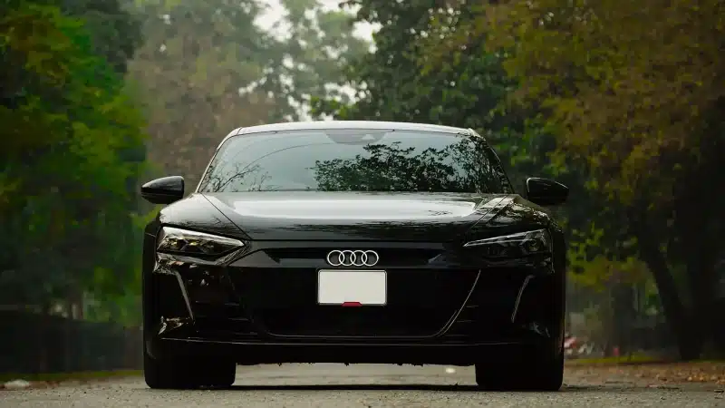 Front view of a black Audi coupe on a leafy street, showcasing luxury automotive design.