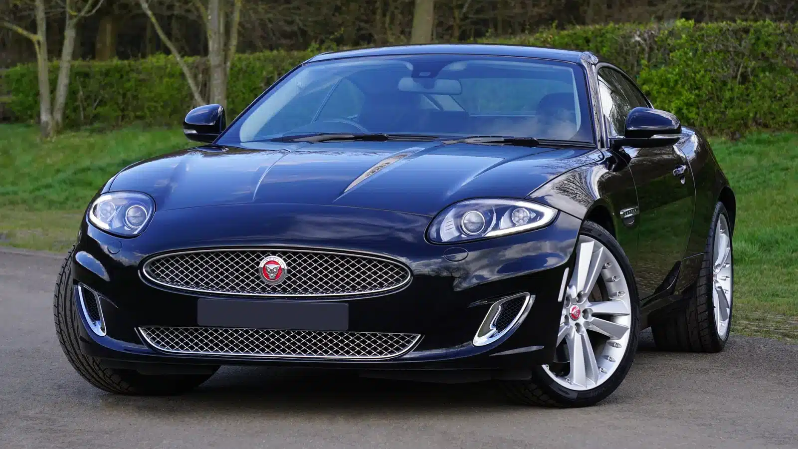 Luxury black Jaguar sports car parked on a road outdoors, symbolizing elegance.