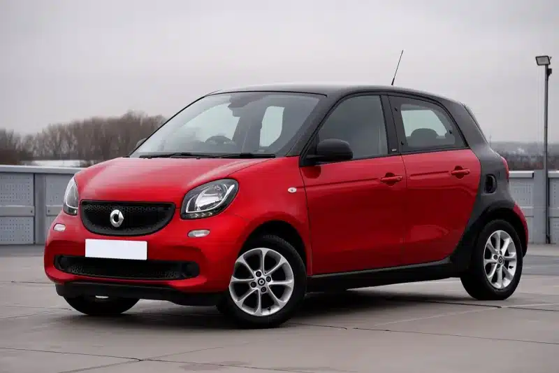 Photo of a red compact car on a rooftop parking deck under a cloudy sky.