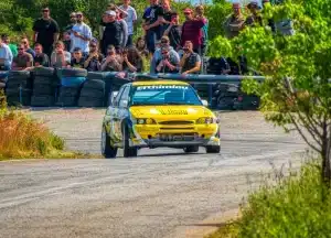 Thrilling car rally event in Ritsona, Greece with eager spectators capturing the action.