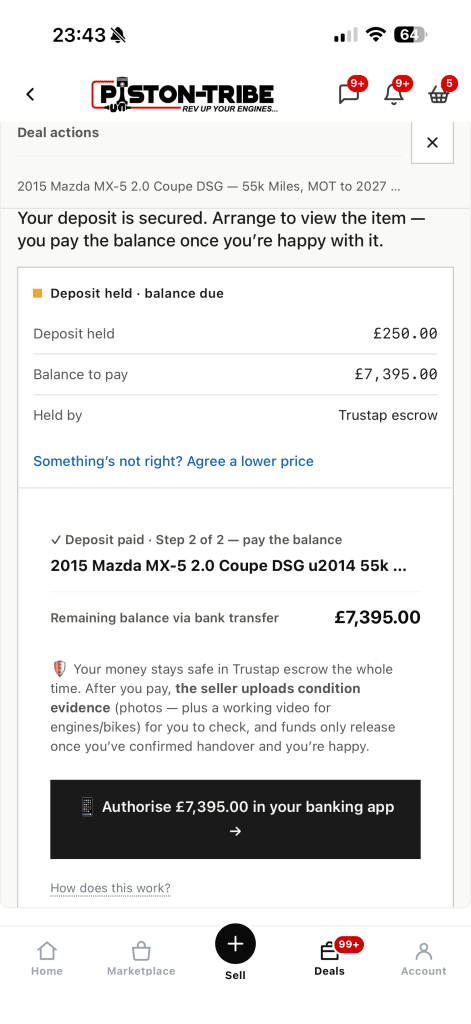 Deal actions with the deposit held and the balance due, and the button to authorise the balance in your banking app