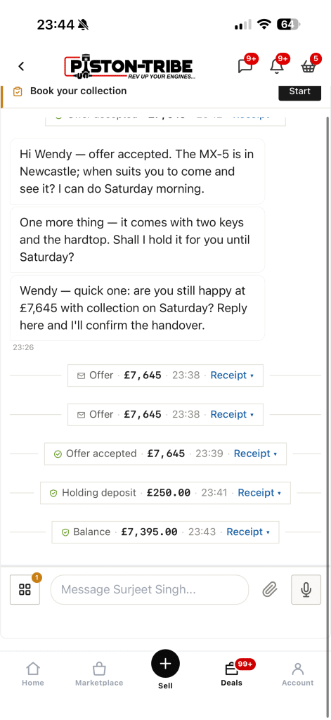 Deal chat on a phone: messages with the seller and receipt chips for the offer, the accepted offer, the holding deposit and the balance
