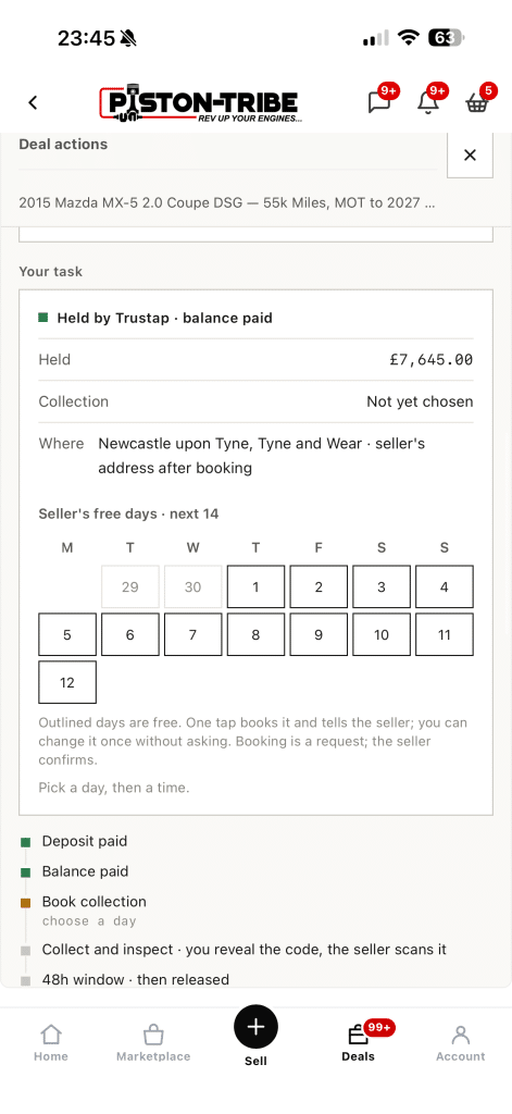 Your task on a phone: the balance held by Trustap and the seller's free days to book the collection, one tap each