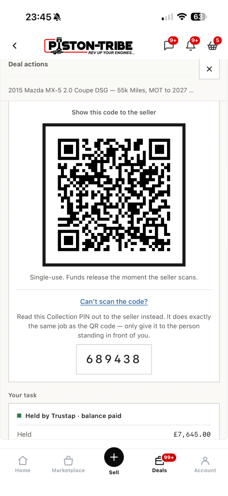 The buyer's handover screen: a single-use QR code and the collection PIN to show the seller