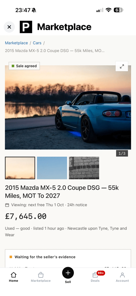 A marketplace listing on a phone: the 2015 Mazda MX-5 with photos, price and the sale-agreed badge