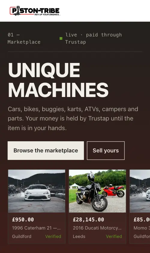 Piston Tribe app on a phone, showing the home page